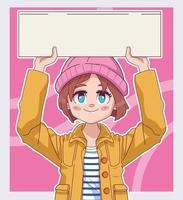 kleine meisjes komische manga die hoed draagt die protestbanner opheft vector