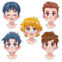 groep van vijf schattige jongeren jongens tieners manga anime hoofden karakters vector