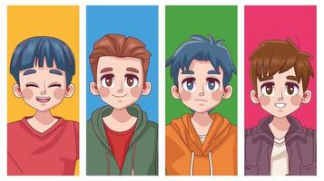 groep van vier schattige jonge jongens tieners manga anime karakters vector