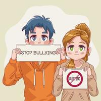 jonge tieners koppelen met stop pesten belettering in banners vector