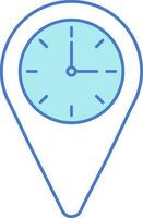 illustratie van klok in kaart pin icoon in blauw en wit kleur. vector