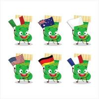 groen Kerstmis sokken tekenfilm karakter brengen de vlaggen van divers landen vector