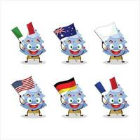 blauw Kerstmis boom tekenfilm karakter brengen de vlaggen van divers landen vector