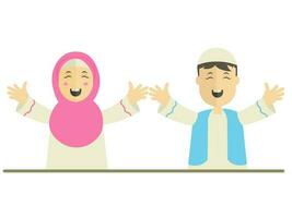 Islamitisch jong meisje en jongen verhogen handen omhoog tegen wit achtergrond. vector