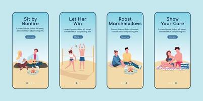 romantische date op strand onboarding mobiele app scherm platte vector sjabloon set