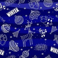 naadloze doodle hand getrokken kerst bal herten koe en sneeuwvlokken patroon op blauwe achtergrond vector