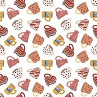 naadloze patroon met kopjes en mokken. schattig keramisch serviesgoed. ontwerp van textiel, menu's, kantines, eetgelegenheden, cafés en restaurants. vector illustratie