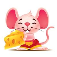 cartoon gelukkige pink rat met grote oren holdings grote cheesecake met twee handen vector