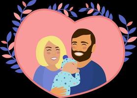 gelukkige ouders en kleine pasgeboren baby in het hart familiedag vader en moeder houden platte vectorillustratie slapende kind vector