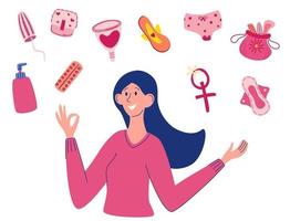 menstruatie thema periode verschillende producten voor vrouwelijke hygiëne een jong meisje is blij met verschillende producten voor vrouwelijke hygiëne slipje pads cups menstruatiebescherming vrouwelijke hygiëne vector