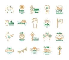 bundel van pictogrammen van de viering van de onafhankelijkheidsdag van India vector