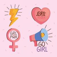 bundel van vier girl power-letters en pictogrammen vector