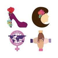 Vrouwendag pictogrammen instellen vrouwelijke schoen bloemen hoofd wereld vector
