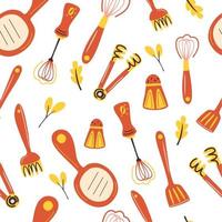 naadloze patroon met keukengereedschap kookgerei achtergrondpatroon met keukenaccessoires apparatuur gebruiksvoorwerpen achtergrond voor restaurant menu textiel wallpapers vector illustratie