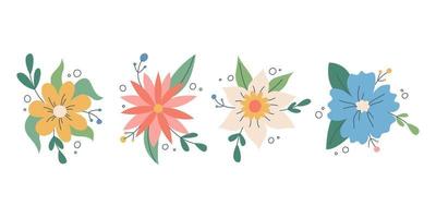 een set van prachtige bloemen van verschillende kleuren met decoratieve plant elementen vector afbeelding in een vlakke stijl florale decor voor uitnodigingen ansichtkaarten stickers