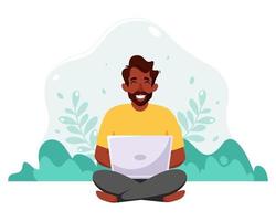zwarte man zit met laptop freelance of extern werk of online studeren concept vector