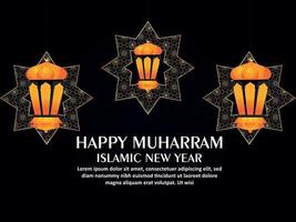 gelukkige de vieringsachtergrond van het muharram islamitische nieuwe jaar met gouden lantaarn op patroonachtergrond vector
