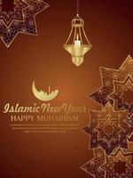 islamitische nieuwjaarsfeestvlieger met patroonachtergrond en Arabische lantaarn en maan vector