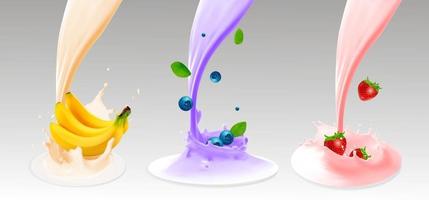 fruitbessen en yoghurt realistische illustratie 3D-vector icon set 3 vector