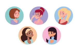 jonge vrouw verschillende stijl karakters avatar in cartoon ronde pictogram vector