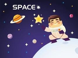 schattige astronaut op maanster en planeten cartoon ruimte vector