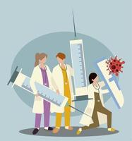 artsen grote spuiten beschermen vaccin injectie preventie en immunisatie voor covid 19 vector