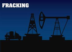 fracking booreiland boorapparatuur en vrachtwagen silhouet vector