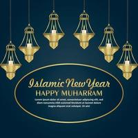 islamitische nieuwjaarsviering wenskaart met gouden lantaarn vector