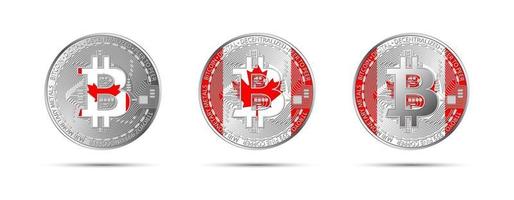 drie bitcoin cryptomunten met de vlag van canada geld van de toekomstige moderne cryptocurrency vectorillustratie vector