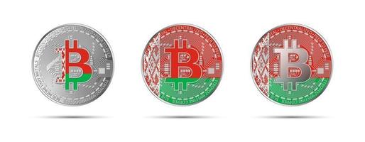 drie bitcoin cryptomunten met de vlag van Wit-Rusland geld van de toekomstige moderne cryptocurrency vectorillustratie vector