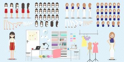 stripfiguur met modeontwerper baan voor animatie en lady head set flat icon vector