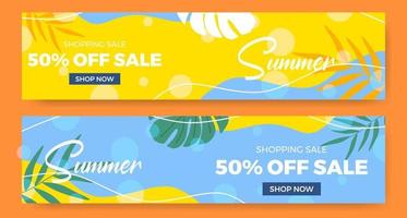 zomer verkoop aanbieding banner poster met tropische bladeren memphis grafische abstract met gele en blauwe achtergrond vector