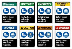 veiligheidsschoenen en vest vereist met pbm-symbolen op witte achtergrond vector