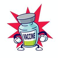 cartoon sterke covid19 vaccin fles karakter power-up op explosie achtergrond vector mascotte