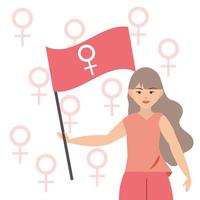 vrouwendag vrouw houdt vlag met vrouwelijk geslachtsymbool vector