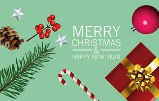 happy merry christmas belettering kaart met cadeau en set pictogrammen vector