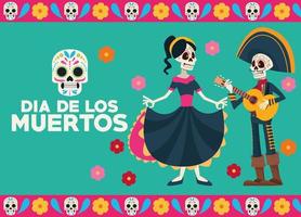 dia de los muertos viering belettering kaart met skeletten paar vector