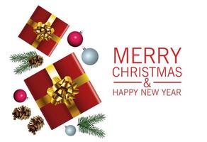 happy merry christmas belettering kaart met geschenken en ballen vector