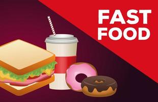 heerlijke sandwich met frisdrank en donuts fastfood-pictogrammen vector