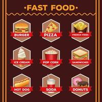 bundel van negen heerlijke fastfoodmenu's en belettering vector