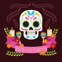 dia de los muertos viering poster met schedel hoofd en maracas vector