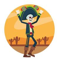 dia de los muertos vieringskaart met mariachi-skelet die maracas in woestijn spelen vector