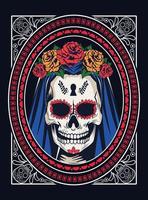 dia de los muertos-viering met vrouwenschedel en rozen in vierkant kader vector