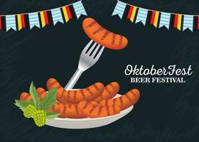 gelukkige oktoberfestviering met worsten in schotel en partijslingers vector