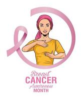 borstkanker bewustzijn maand belettering met zelfonderzoek van de vrouw en lint vector