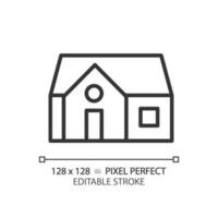single verhaal huis pixel perfect lineair icoon. compact huis voor een familie. aankoop echt landgoed. vrijstaand gebouw. dun lijn illustratie. contour symbool. vector schets tekening. bewerkbare beroerte