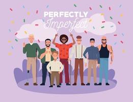 perfect onvolmaakte mensen groeperen personages met confetti in het kamp vector