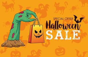 Halloween-verkoop seizoensgebonden poster met opheffende boodschappentas van de doodshand vector