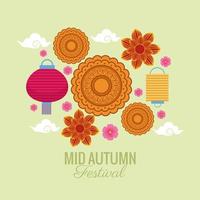 medio herfst festivalviering met hangende bloemen en lantaarns vector