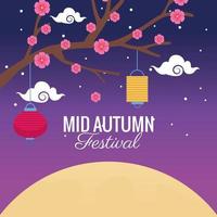 medio herfst festivalviering met bloemenboom en hangende lantaarns vector